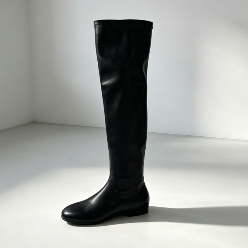 Boot Sock Slouchy - Braune Weiche Stretch-Kunstleder Overknee-Stiefel mit Flachem